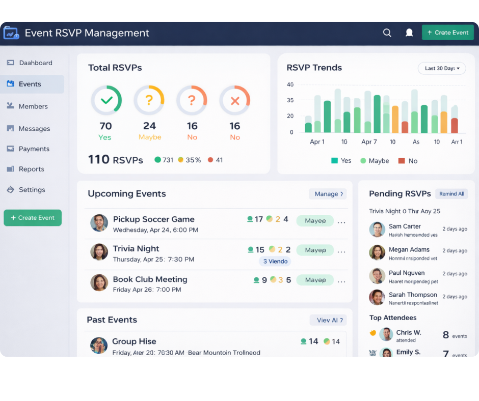 Gametime Hero RSVP Dashboard - See who's coming to your events