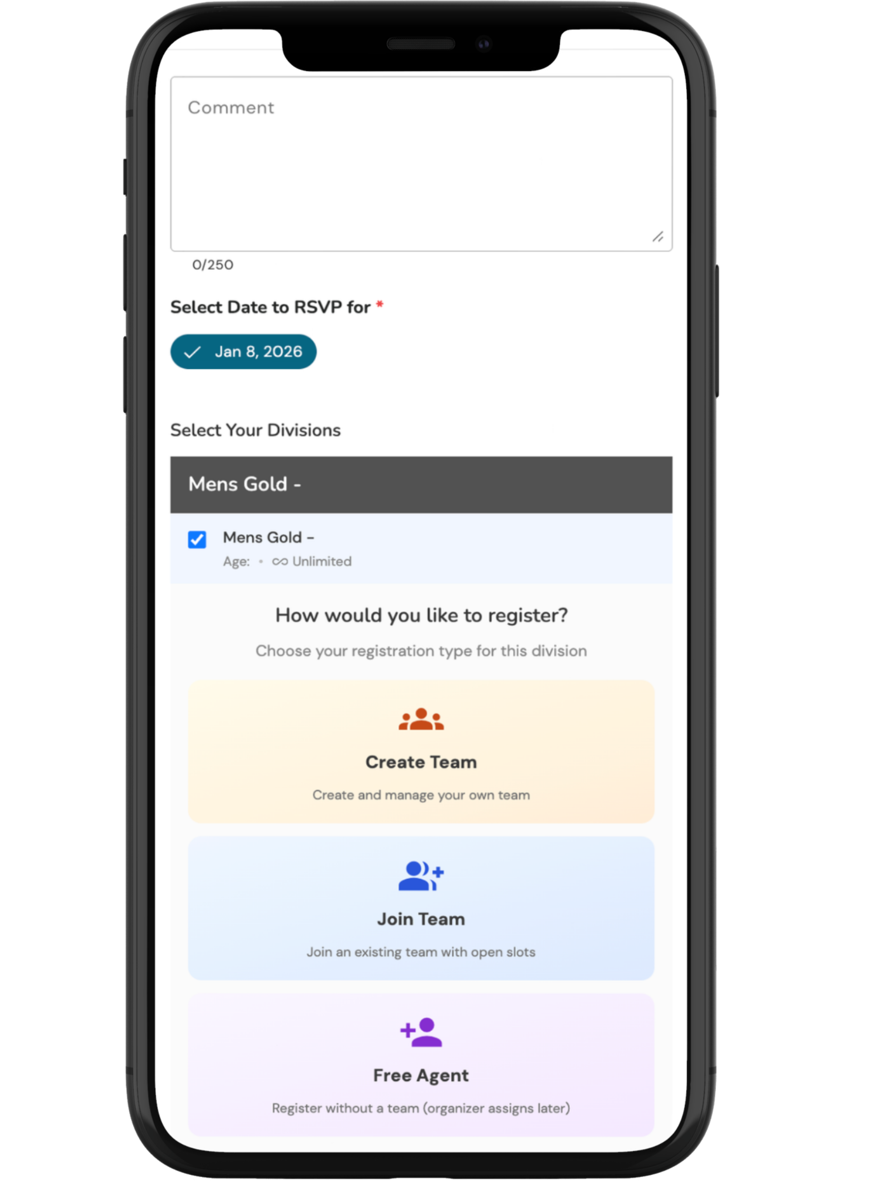Tournament registration and payments on mobile